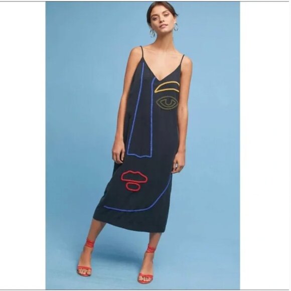 Mara Hoffman Dresses & Skirts - Mara Hoffman Georgia Face Dress Womens Large Beaded Art Slip Midi V Neck Strappy